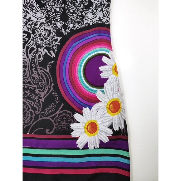 Rainbow Daisy Flower Black Dress Lined Boho Midi Short Sleeve M - Picture 3 of 13